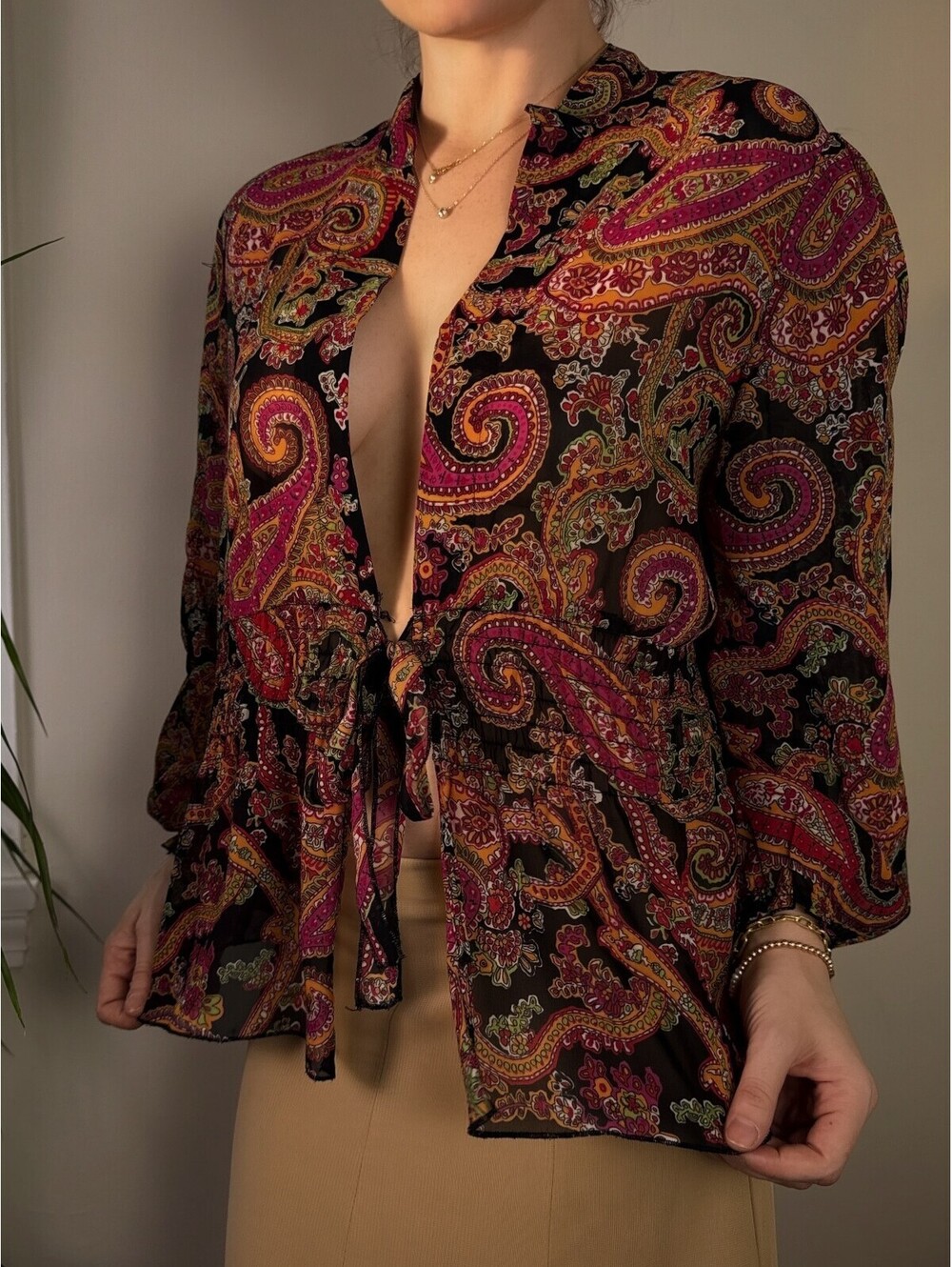 Coldwater Creek Paisley Sheer Tie Front Peplum Blouse M Fall Boho